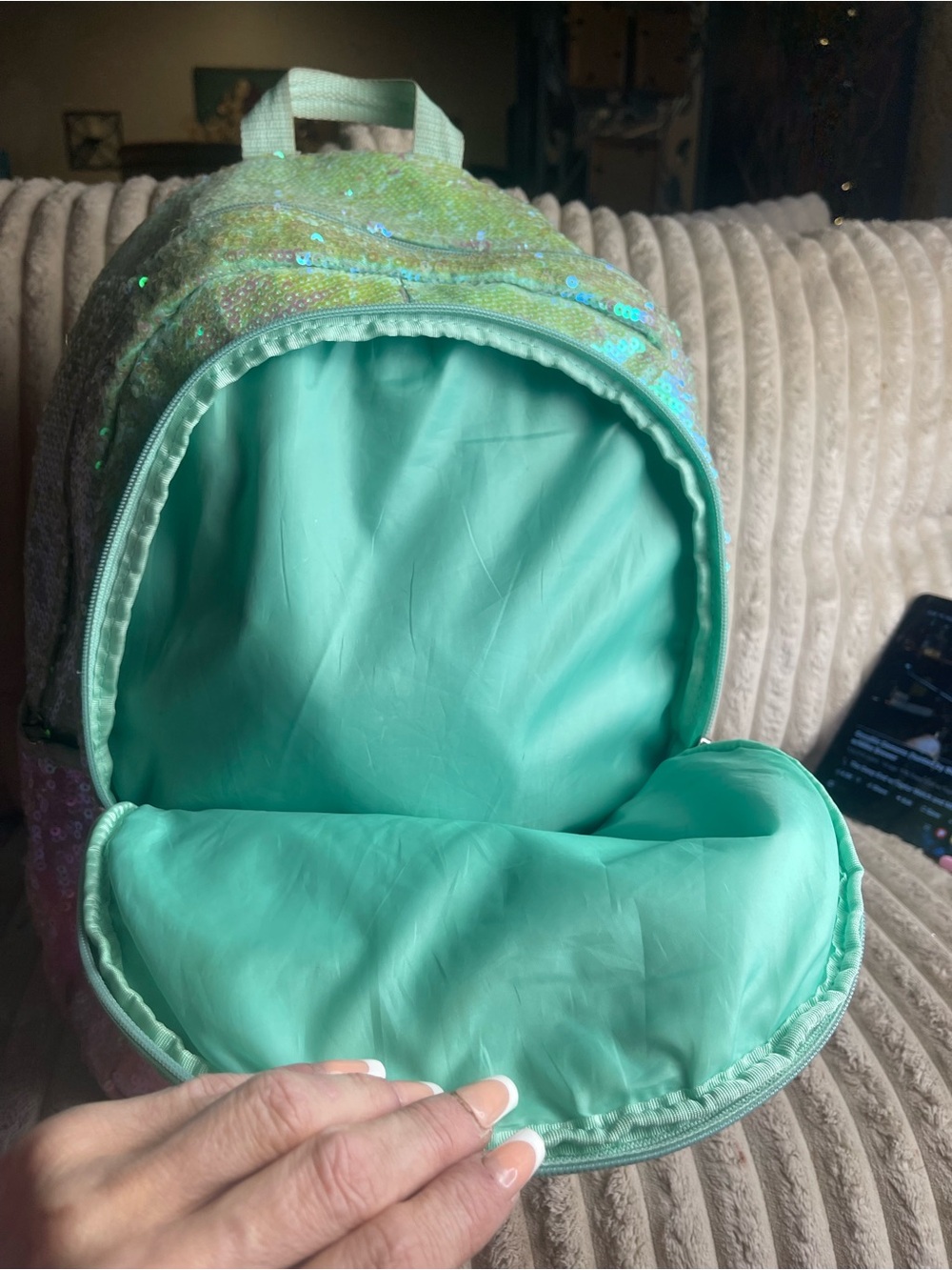 Justice Sequin Heart Backpack in Pastel Green, Pink and Coral - Picture 6 of 7